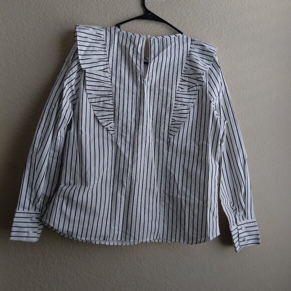 Lipslide White and Black Striped Long Sleeve Blouse with Ruffles - Picture 2 of 5